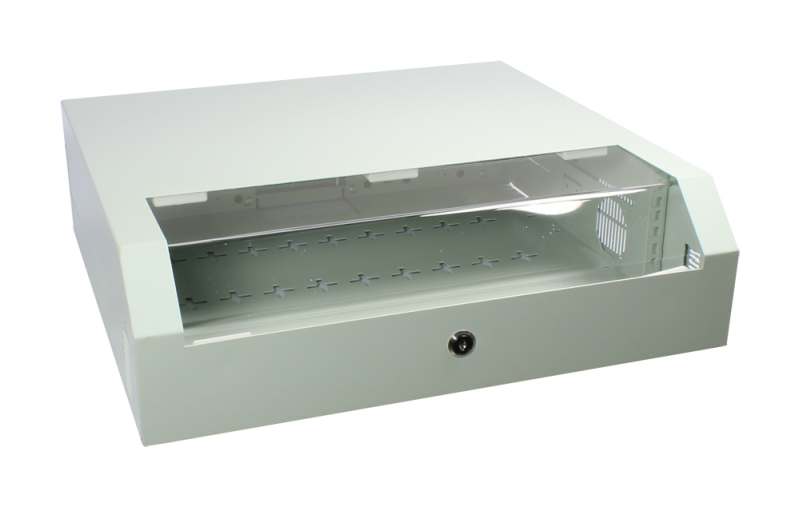 Rack 19" 3U verticaal lichtgrijs diepte 35, 2 19" profielen, met plexiglas zichtraam, openscharnierend